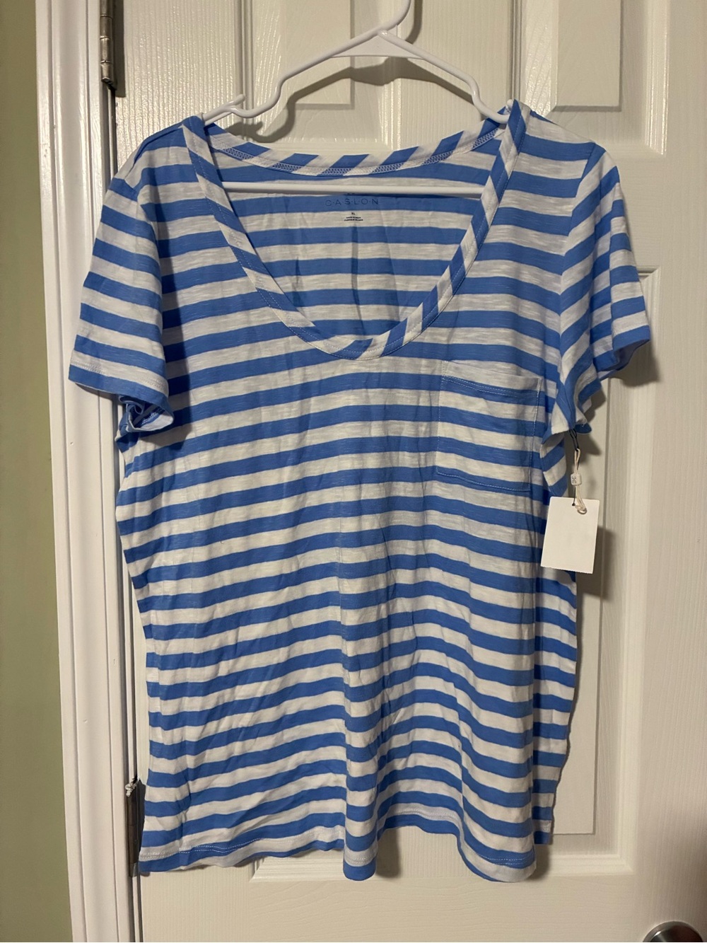 Caslon Blue & White Striped V-Neck Pocket Tee - Relaxed Fit